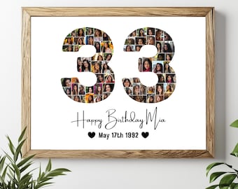 33歳の誕生日フォトコラージュテンプレート、パーソナライズされた33歳の誕生日プレゼント、誕生日の数字33、編集可能な33歳の誕生日テンプレートCanva