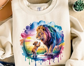 Watercolor Lion and Cub Shirt Design, Rainbow Animal Art Print, Jungle Family Love Graphic, Safari Wildlife Sublimation Digital Download