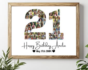 Puede incluir: Una foto enmarcada blanca con un collage de fotos en forma del número 21. El texto "Happy Birthday Amelia May 17th 2004" está debajo del collage.