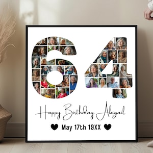 Puede incluir: Un collage de fotos blanco con números negros 64, las palabras "Happy Birthday Abigail" y la fecha "May 17th 19XX".