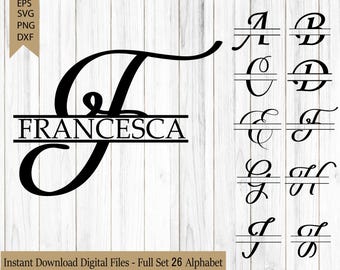 May include: Black digital design featuring the name "FRANCESCA" with a large letter "F" and a selection of split monogram letters. The image includes the text "Instant Download Digital Files - Full Set 26 Alphabet".