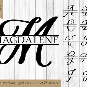 Elegant Split Letter Monogram SVG, Full Alphabet Bundle PNG, Floral Name Initials for Cricut Silhouette DIY