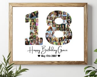 18歳の誕生日フォトコラージュテンプレート、パーソナライズされた18歳の誕生日プレゼント、誕生日の数字18、編集可能な18歳の誕生日テンプレートCanva