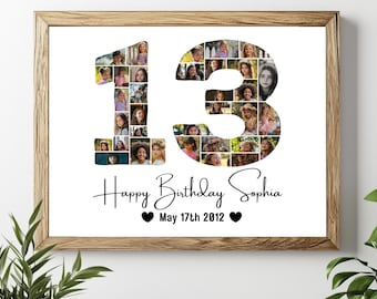 May include: A white framed photo collage with the number 13 made of photos. The number 13 is surrounded by the text "Happy Birthday Sophia" and "May 17th 2012".