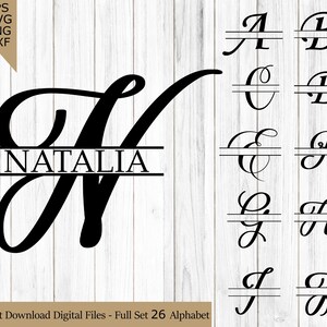 Elegante monograma de letra dividida SVG, paquete completo de alfabeto PNG, iniciales de nombre florales para Cricut Silhouette DIY