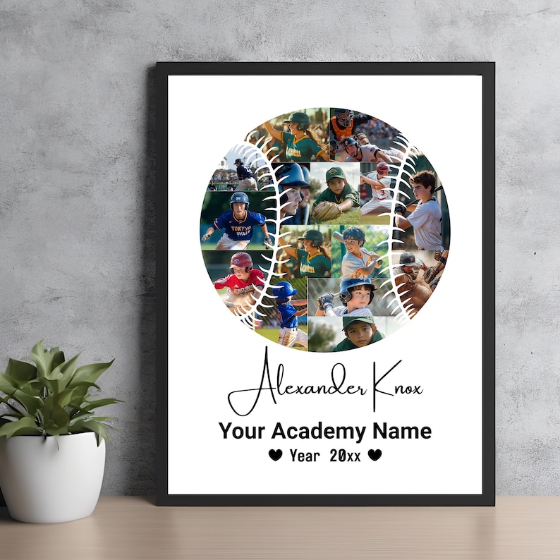 May include: A white baseball-shaped collage featuring photos of young baseball players. The text "Alexander Knox" is written in cursive below the collage. The text "Your Academy Name" is written below the name. The text "Year 20xx" is written below the academy name.