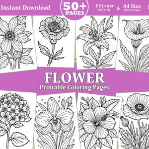 Livro de colorir relaxante de flores, pacote de páginas para colorir imprimíveis com ilustrações realistas de flores para adultos e crianças em PDF.