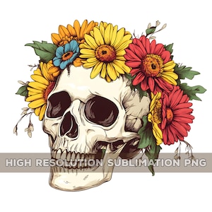Floral coloré tête de mort PNG, Sugar Skull Art, Dia De Muertos PNG, Halloween imprimable, tête de mort avec des fleurs Clipart