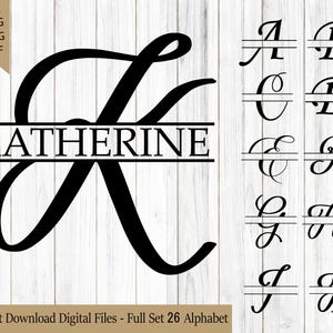 Elegante monograma de letra dividida SVG, paquete completo de alfabeto PNG, iniciales de nombre florales para Cricut Silhouette DIY