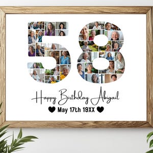 58歳の誕生日フォトコラージュテンプレート、パーソナライズされた58歳の誕生日プレゼント、誕生日の数字58、編集可能な58歳の誕生日テンプレートCanva