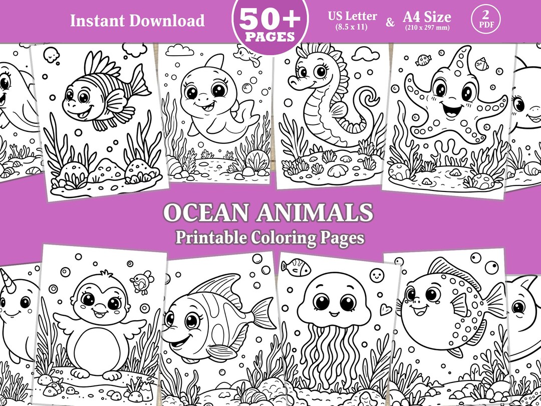 Ocean Animal Coloring Pages for Kids Adults Printable PDF, 50+ Sea Life ...