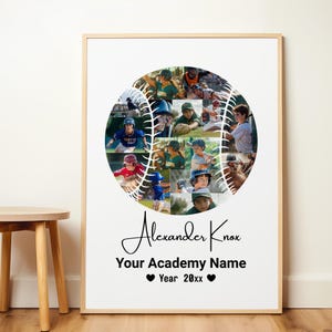 May include: A baseball-shaped collage of photos featuring young baseball players. The text "Alexander Knox" is written in cursive at the bottom of the collage, followed by "Your Academy Name" and "Year 20xx" with hearts on either side.