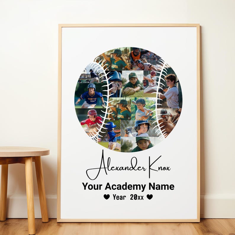 May include: A baseball-shaped collage of photos featuring young baseball players. The text "Alexander Knox" is written in cursive at the bottom of the collage, followed by "Your Academy Name" and "Year 20xx" with hearts on either side.