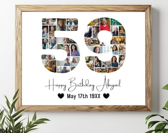 59歳の誕生日フォトコラージュテンプレート、パーソナライズされた59歳の誕生日プレゼント、誕生日の数字59、編集可能な59歳の誕生日テンプレートCanva
