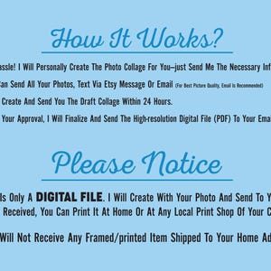 May include: A blue background with white text explaining how to order a custom photo collage. The text says "How It Works?" and lists four steps. The text also says "Please Notice" and lists two points about the digital file.