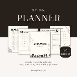May include: Black and white printable planner with a geometric design. The planner includes a monthly calendar, daily planner, and weekly planner. The text "2023-2024 Planner" is at the top of the image. The text "My Planner 2023-2024" is in the center of the image. The text "16 pages!" is in the bottom right corner of the image.