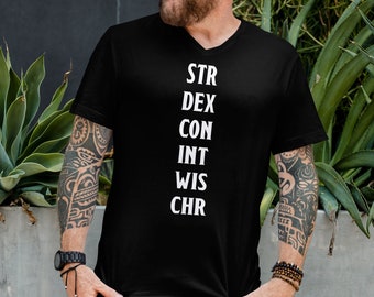 Camiseta com estampa de estatísticas de Dungeons and Dragons, presente perfeito para geeks.