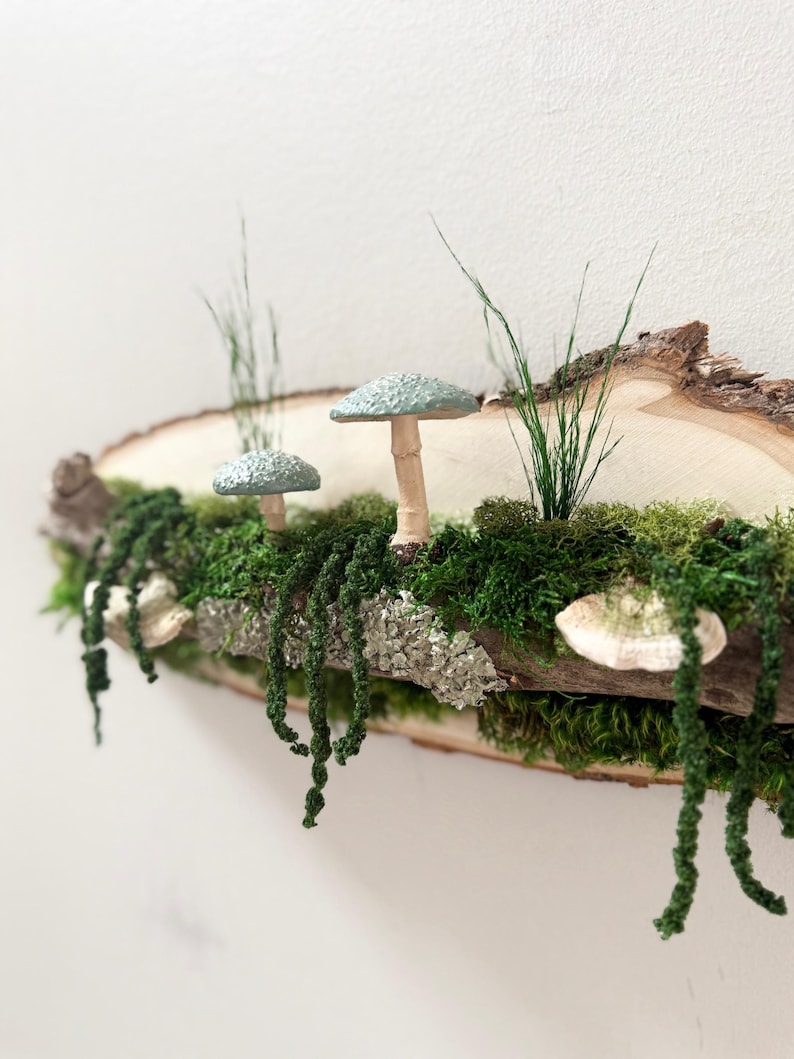 Moss Art: Forest Riverbank Mushroom Wall Hanging, Natural Wood image 3