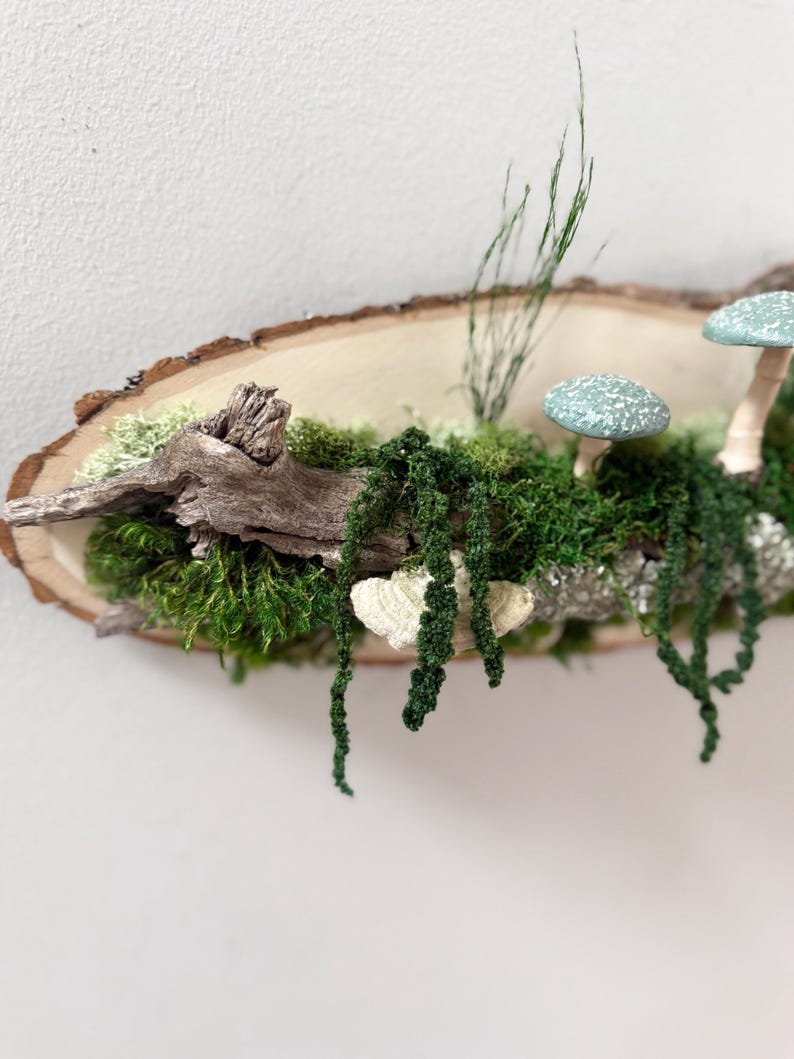 Moss Art: Forest Riverbank Mushroom Wall Hanging, Natural Wood image 10