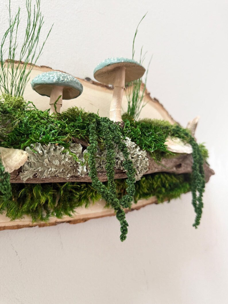 Moss Art: Forest Riverbank Mushroom Wall Hanging, Natural Wood image 7