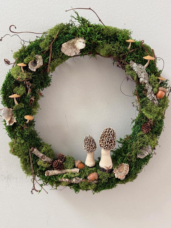 Mushroom Moss Wreath: 3D Printed Fungi, Forest Wall Art