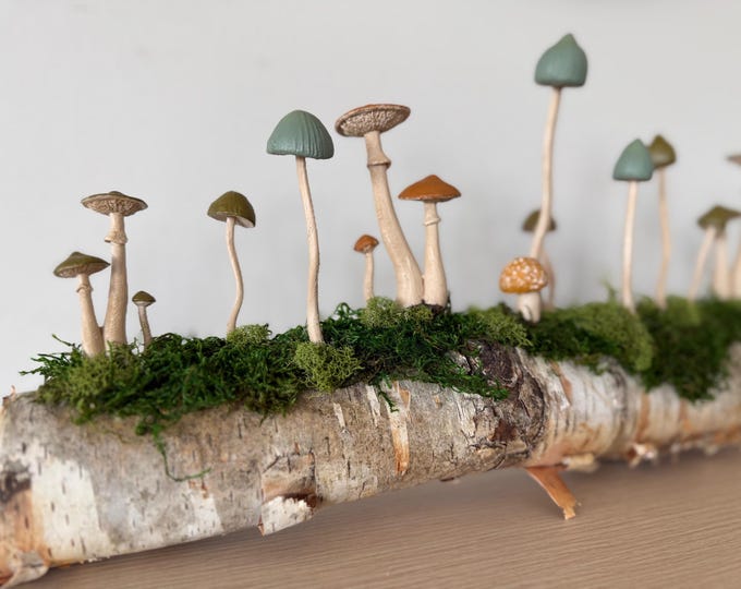Featured listing image: Woodland Mushroom Moss Sculpture: Birch Wood Nature Art
