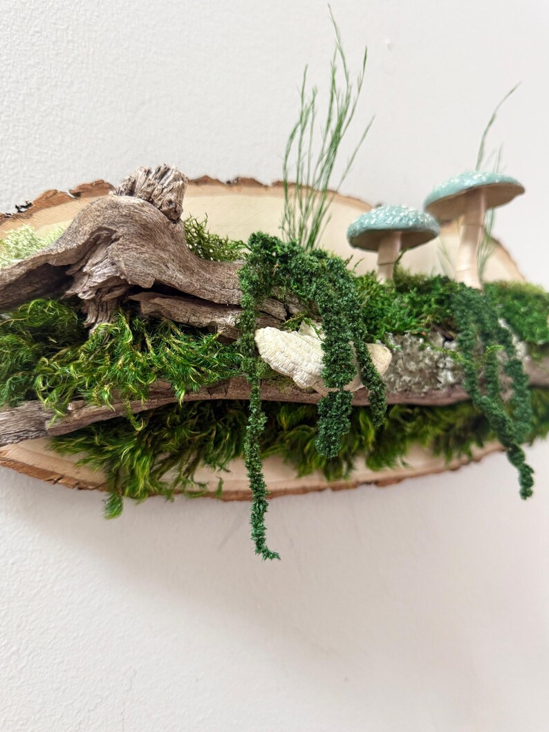 Moss Art: Forest Riverbank Mushroom Wall Hanging, Natural Wood image 6