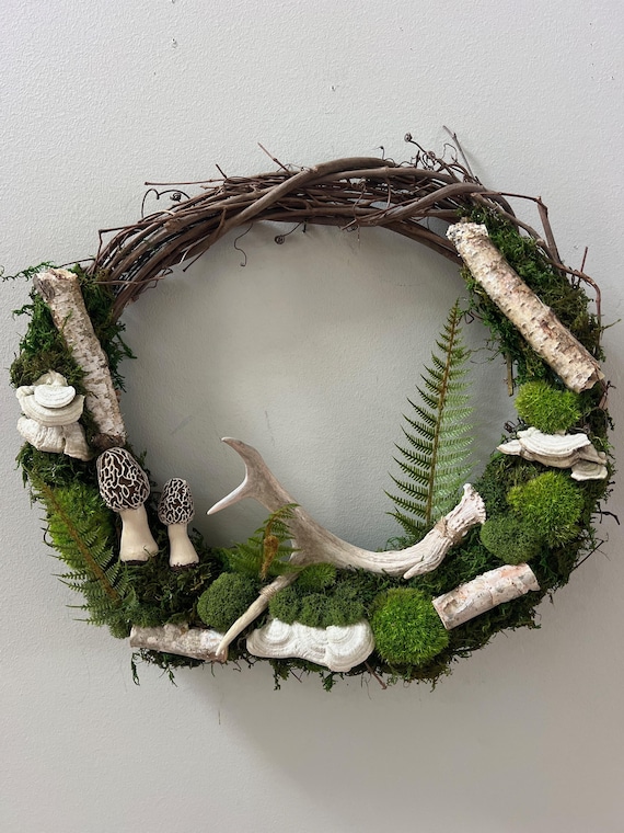 Mushroom Moss Antler Wreath: Forest Decor, Living Wall Art