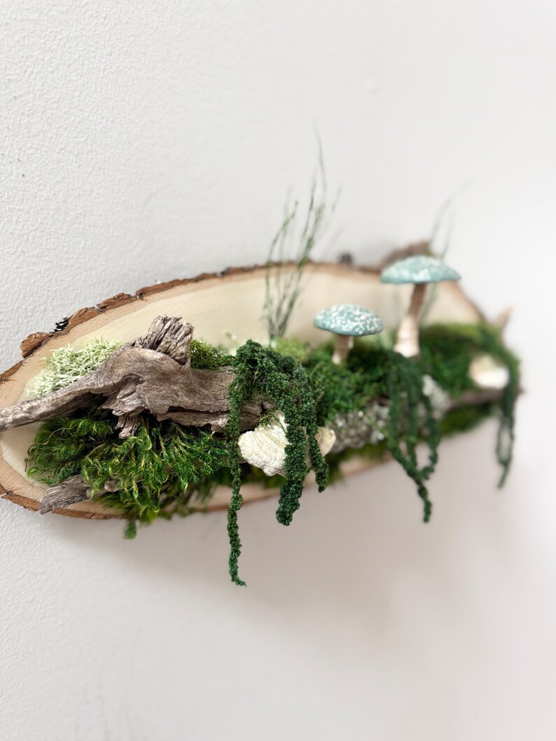 Moss Art: Forest Riverbank Mushroom Wall Hanging, Natural Wood image 16