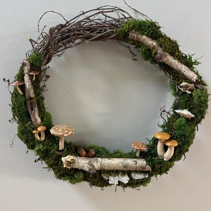 Birch Mushroom Moss Large 20" Wreath, Living Wall Art, Terrarium, Forest Decor, Nature Organic, Botanical, Eco Friendly, Free Shipping