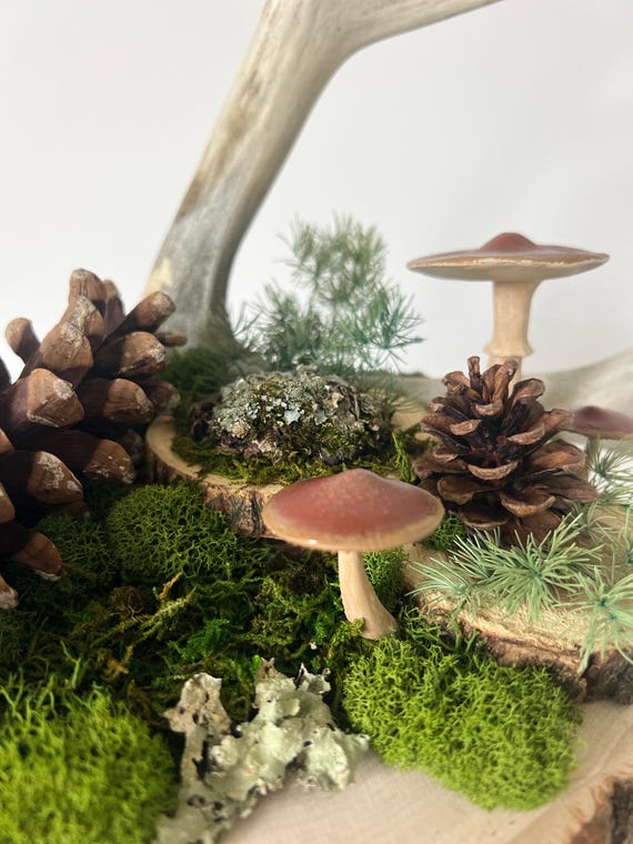 Mushroom Moss Antler Centerpiece: Woodland Fairy Garden Decor