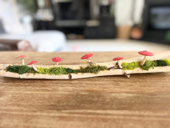 Woodland Mushroom Moss Sculpture: Birch Wood Nature Art