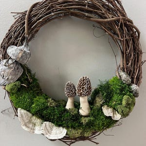 Morel Mushroom 14" Wreath, Moss, Living Wall Art, Terrarium, Forest Decor, Nature Organic, Natural Botanical, Eco Friendly, Free Shipping