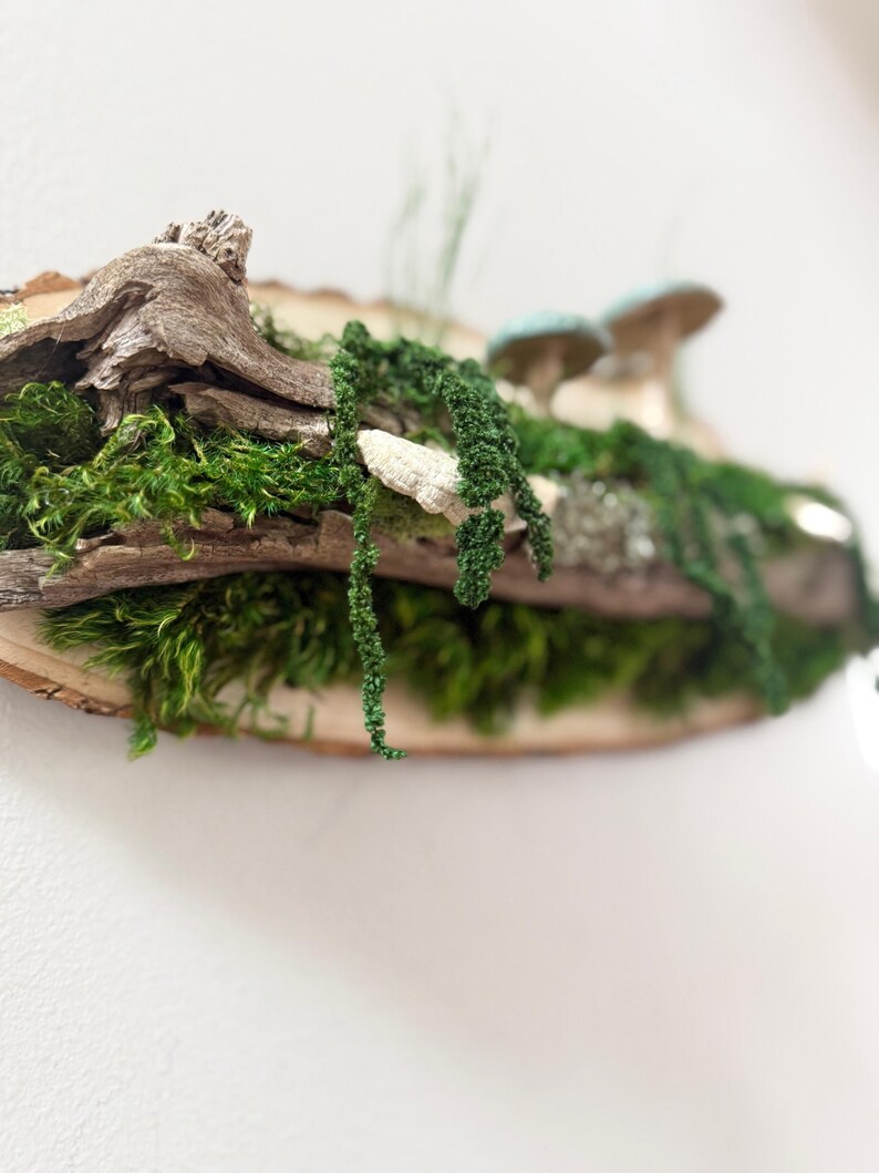 May include: A rustic wooden wall hanging featuring a natural wood slice base. The decor includes vibrant green moss, trailing vines, and two small mushrooms with blue caps. The wood has a natural bark edge.