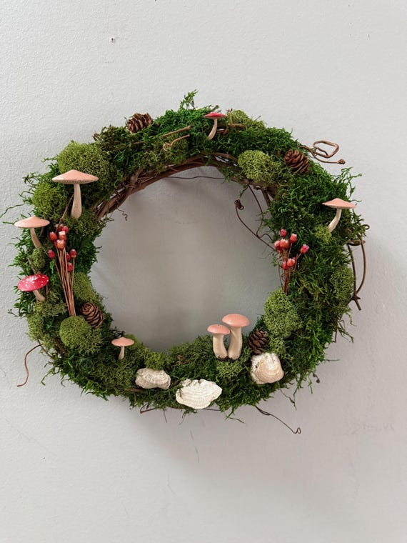 Mushroom Moss Wreath: 10" Living Wall Art, Valentine
