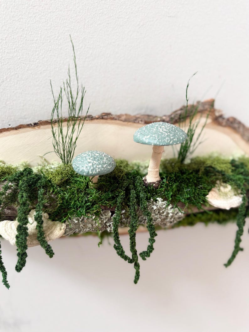 May include: A decorative wooden display featuring two blue-green mushrooms with white speckles, set amidst vibrant green moss and foliage. The mushrooms are mounted on a natural wood slice, creating a whimsical, nature-inspired aesthetic.