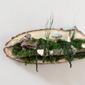Moss Art: Forest Riverbank Mushroom Wall Hanging, Natural Wood image 2
