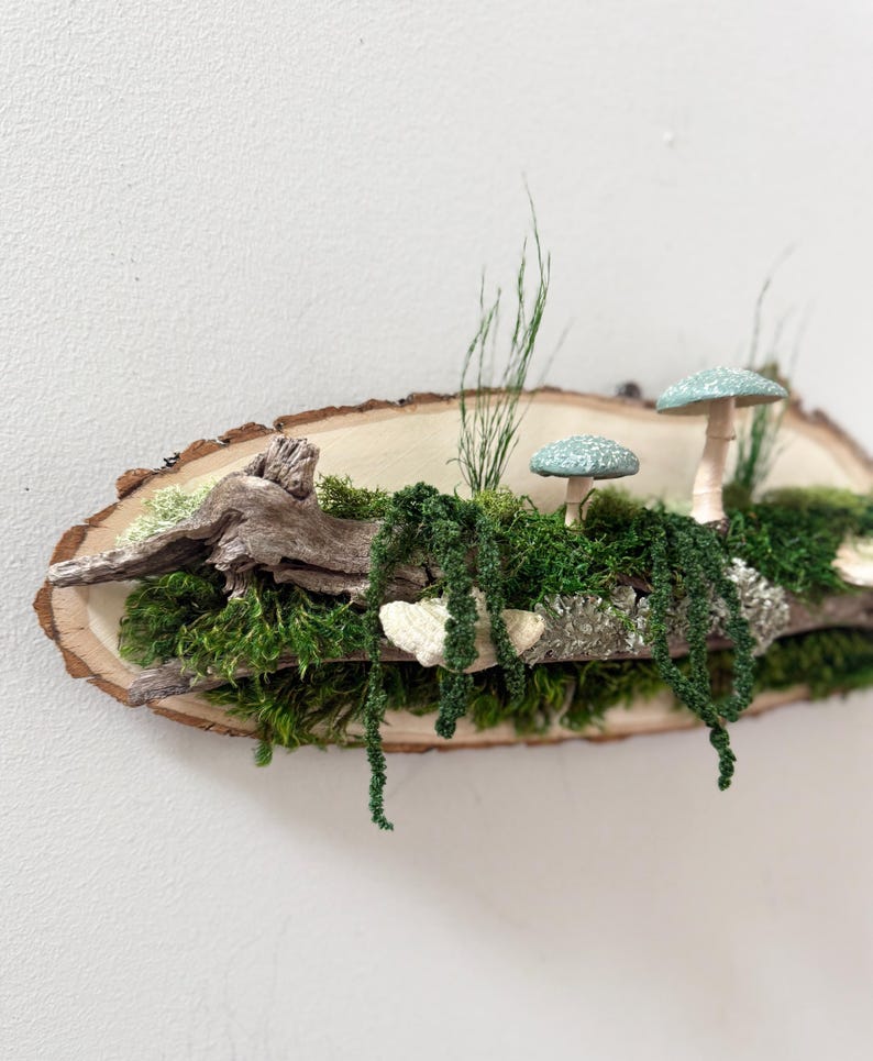 Moss Art: Forest Riverbank Mushroom Wall Hanging, Natural Wood image 2