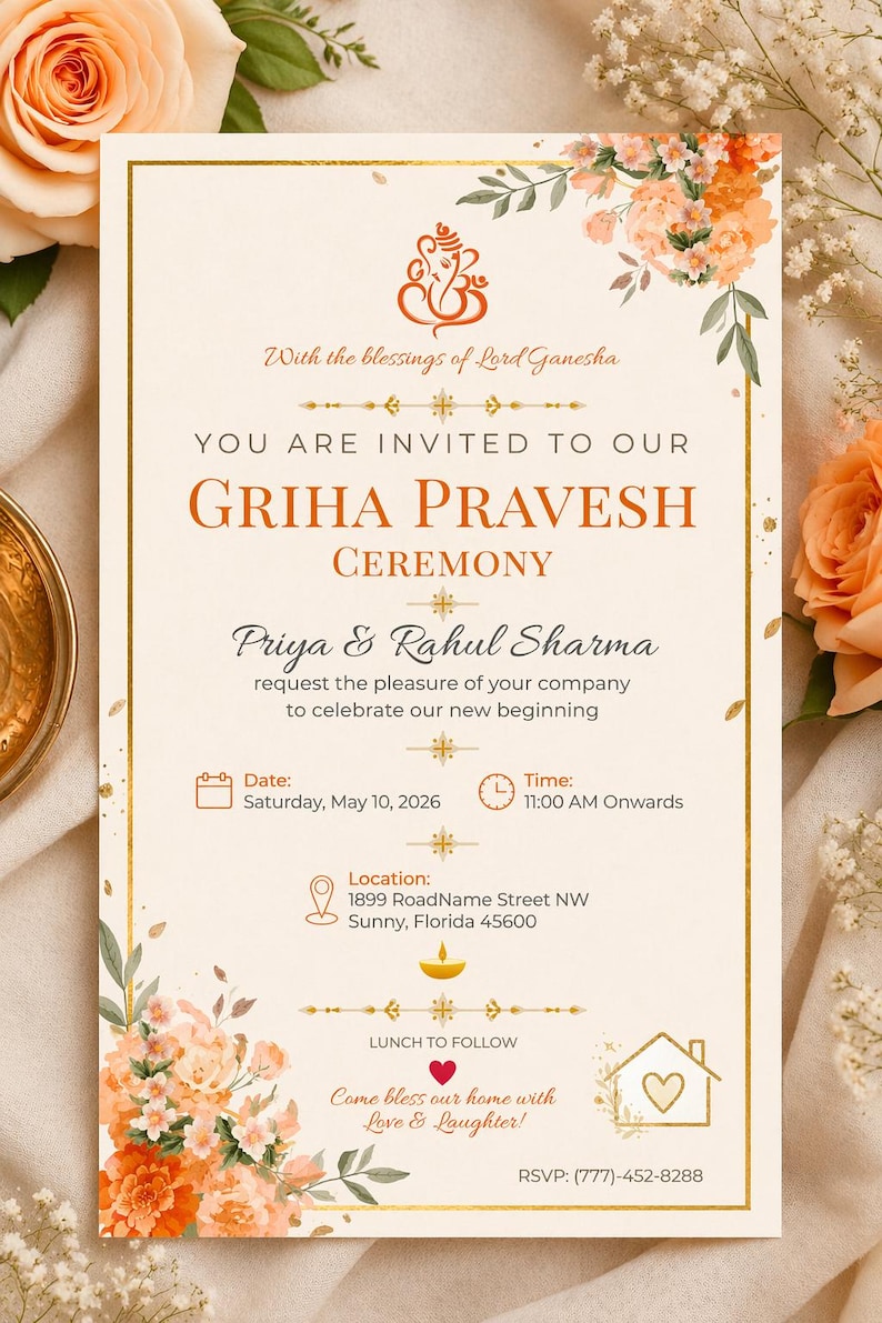 Minimal Griha Pravesh Invitation Template | Editable Hindu Housewarming ...
