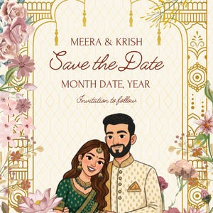 May include: Wedding invitation featuring a couple in traditional attire. The design includes floral elements, ornate gold accents, and the text "Meera & Krish Save the Date". The invitation is in soft, warm colors.