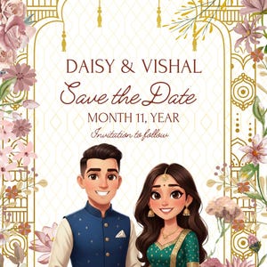 Puede incluir: Una invitación de boda ilustrada con el texto «DAISY & VISHAL Save the Date». La invitación presenta a una pareja con vestimenta tradicional india, rodeada de elementos decorativos florales y dorados. La paleta de colores incluye tonos verdes, dorados y burdeos.