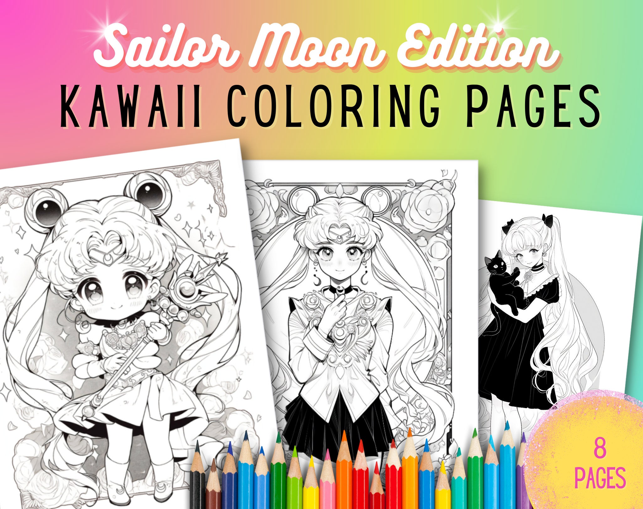 Kawaii Coloring Pages Sailor Moon Anime Cute Chibi Character 8 Pages