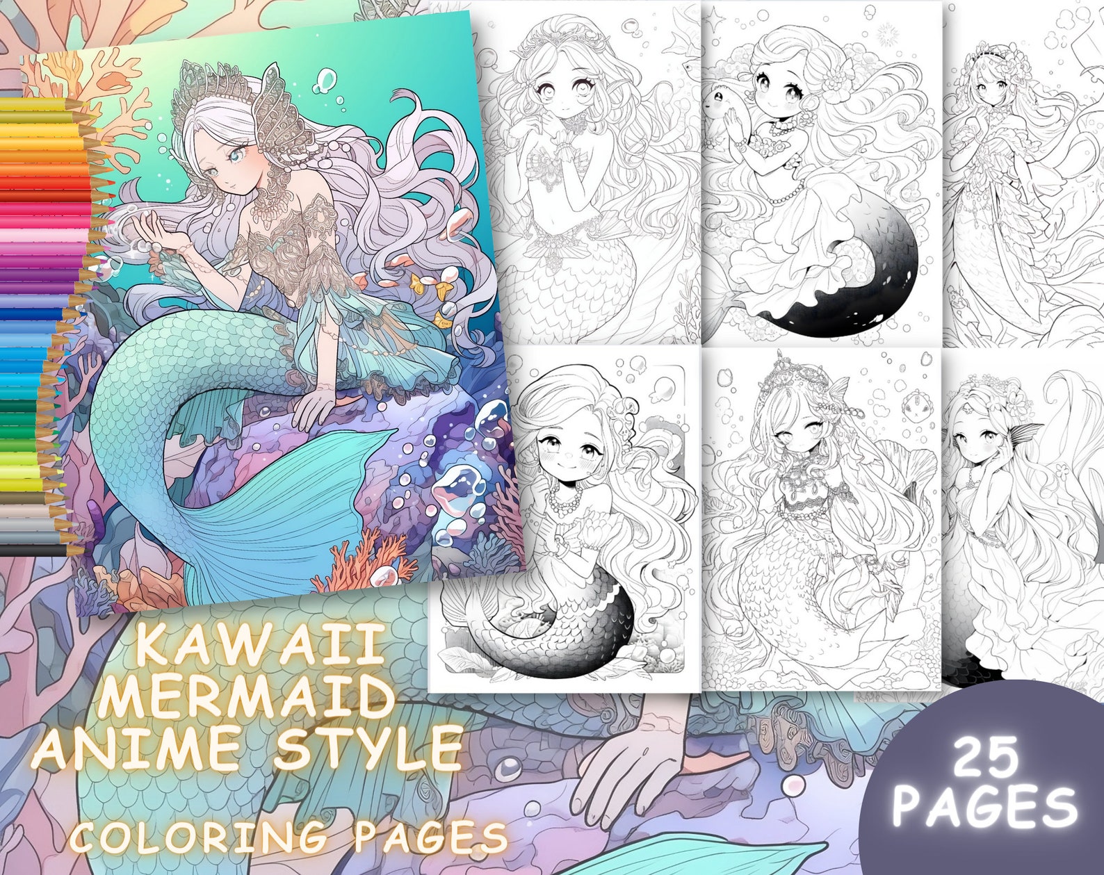 Mermaid Princess Colouring Pages, 25 Pages, Anime Digital Colouring ...