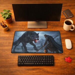 Könnte beinhalten: Eine rechteckige Schreibtischunterlage mit einer Fantasy-Illustration eines knurrenden schwarzen Wolfs, der einem Krieger mit Stab gegenübersteht. Die Szene zeigt verschneite Berge und Steinsäulen unter einem stürmischen Himmel.