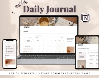 Aesthetic Daily Journal Notion Template | Editable Notion Template | Digital Journal | 5-Minute Journal | Mood Journal | Personal Notion |