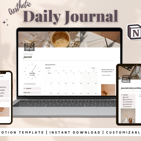 Aesthetic Daily Journal Notion Template | Editable Notion Template | Digital Journal | 5-Minute Journal | Mood Journal | Personal Notion |