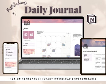 Pastel Clouds Journal Notion Template | Editable Notion Template | Digital Journal | 5-Minute Journal | Mood Journal | Personal Notion |