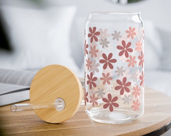 Floral Glass Coffee Tumbler with Lid and Straw, Cute Flower Design