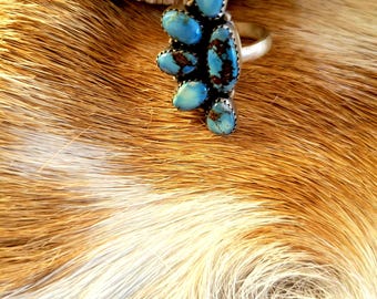 May include: A silver ring featuring a cluster of turquoise stones. The stones are oval-shaped and vary in shades of blue with brown matrix. The ring is set against a backdrop of brown and white fur.