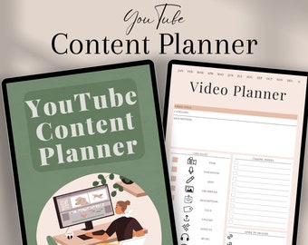 Op de afbeelding: Een digitale tablet met een groen-wit scherm waarop de tekst "YouTube Content Planner" staat. Het scherm toont ook een cartoonillustratie van een persoon die aan een computer werkt. De tablet staat naast een wit scherm met de tekst "Video Planner" en een checklist voor het plannen van YouTube-video's.